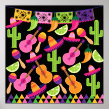 Fiesta Party Sombrero Cactus Limes Peppers Maracas Posters