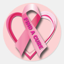 FIND A CURE - PINK RIBBON & HEART ROUND STICKERS