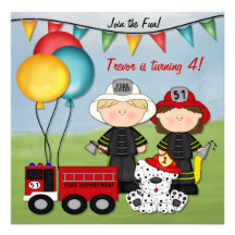 Fire Truck and Little Fireman Birthday Personalised Invite
