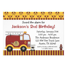 Fire Truck Red Stripes Birthday Party Invitations