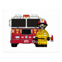 Fireman with Fire Engine Postcard