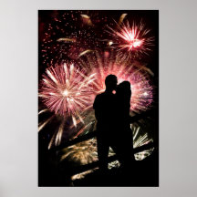 Fireworks Couple Kissing Silhouette Print