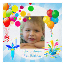 First Birthday 1st Boy Blue Balloons Bug Custom Invitation