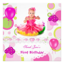 First Birthday 1st Girl Cupcakes Pink Balloons Custom Invitation