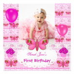 First Birthday 1st Girl Hot Pink Butterfly Custom Announcements