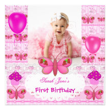 First Birthday 1st Girl Hot Pink Butterfly Custom Announcements