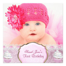First Birthday 1st Girl Pretty Pink Cupcakes Baby Personalized Announcements