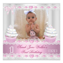 First Birthday 1st Girl White Pink Cupcake Baby 2 Invitations