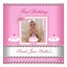 First Birthday Girl Pink Cupcakes White Baby Personalised Invites