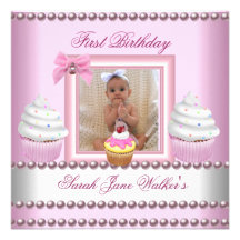 First Birthday Girl Pink Cupcakes White Pearl Baby Personalised Invites