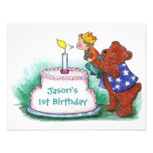 FIRST BIRTHDAY PARTY INVITATION BEAR HOLDING BOY