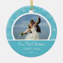 First Christmas Photo Ornament Blue Snowflakes