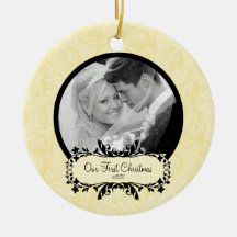 First Christmas Photo Ornament Yellow Damask