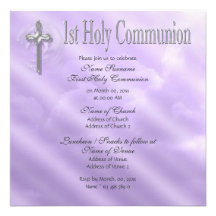 First holy communion purple religious invitation