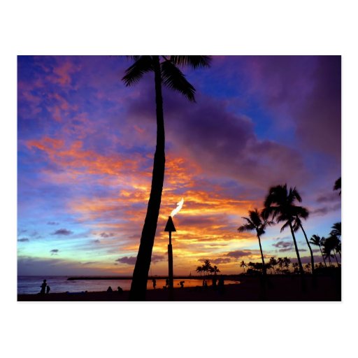 Flaming skies over Waikiki beach Post Card