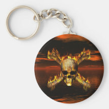 Flaming Skull and Crossbones w/Red Sky Background Keychain