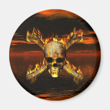 Flaming Skull and Crossbones w/Red Sky Background Refrigerator Magnets