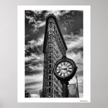 Flatiron Building and Clock in Black and White Print