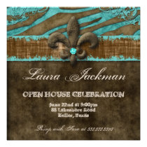 Fleur de Lis Photo Card Blue Grad Zebra Suede invitations