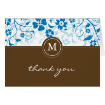 Floral Blue-Brown Monogram Thank You Card