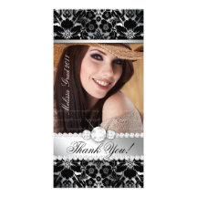 Floral Graduation Photo Card Silver Black Damask