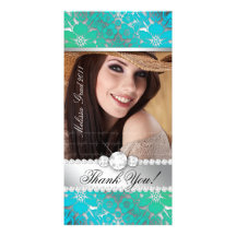 Floral Graduation Photo Card Silver Blue Gr Damask