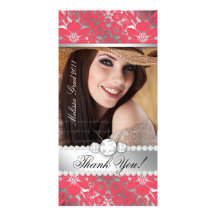 Floral Graduation Photo Card Silver Coral Damask