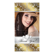 Floral Graduation Photo Card Silver Gold Damask