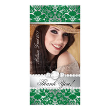 Floral Graduation Photo Card Silver Green Damask