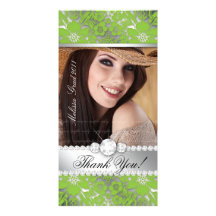 Floral Graduation Photo Card Silver Lime Damask