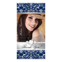 Floral Graduation Photo Card Silver Navy Damask