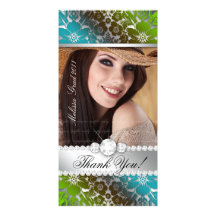 Floral Graduation Photo Card Silver Peacock Damask