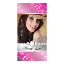 Floral Graduation Photo Card Silver Pink Damask