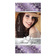 Floral Graduation Photo Card Silver Purple Damask