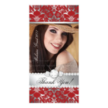 Floral Graduation Photo Card Silver Red Damask