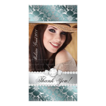 Floral Graduation Photo Card Silver Teal Damask