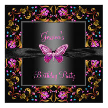 Floral Pink Black Butterfly Birthday Party Invitations