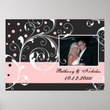 Floral scroll leaf black pale pink wedding photo posters