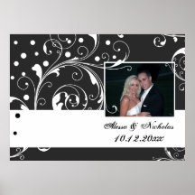 Floral scroll leaf black, white wedding photo posters