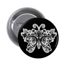 Floral Swirls Butterfly - Black & White Pinback Buttons