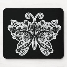 Floral Swirls Butterfly - Black & White Mouse Pad