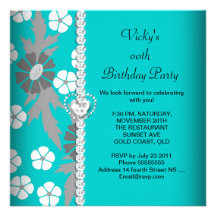 Floral Teal Blue Grey White Birthday Party Personalised Announcements