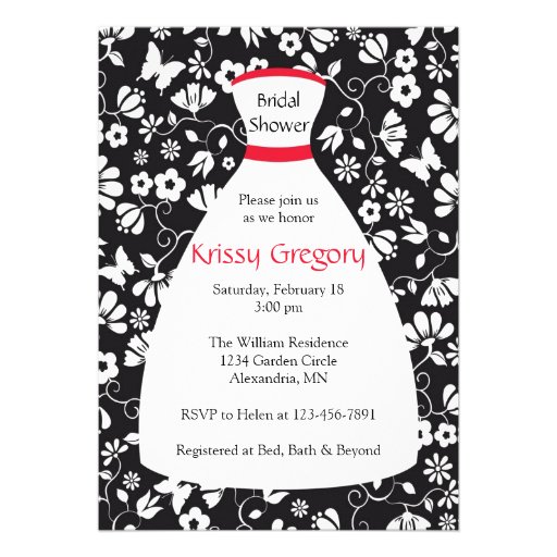 Floral Wedding Gown Red Bridal Shower Invitations