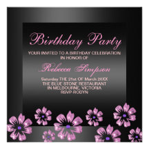 Flower Party Black/Pink Birthday Invitation
