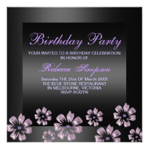 Flower Party Black/Purple Birthday Invitation