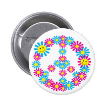 Flower Peace Sign w/Smiley Faces Button