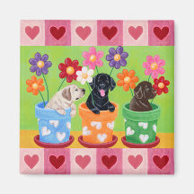 Flower Pot Lab Puppies Painting Hearts Refrigerator Magnets