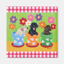 Flower Pot Lab Puppies Painting Refrigerator Magnet