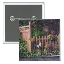 Flower Pots Hanging on a Fence Button