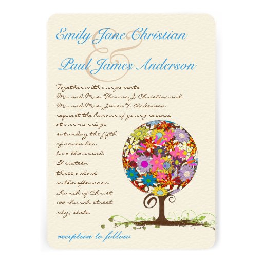 Flower Tree Aqua Blue Font Wedding Invitation